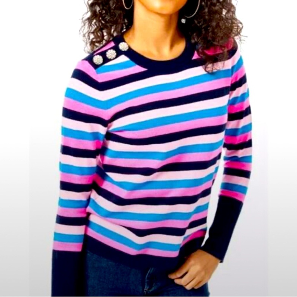 EUC LILLY PULITZER Morgen Rhinestone Sweater Navy Tropical Stripe Size XL